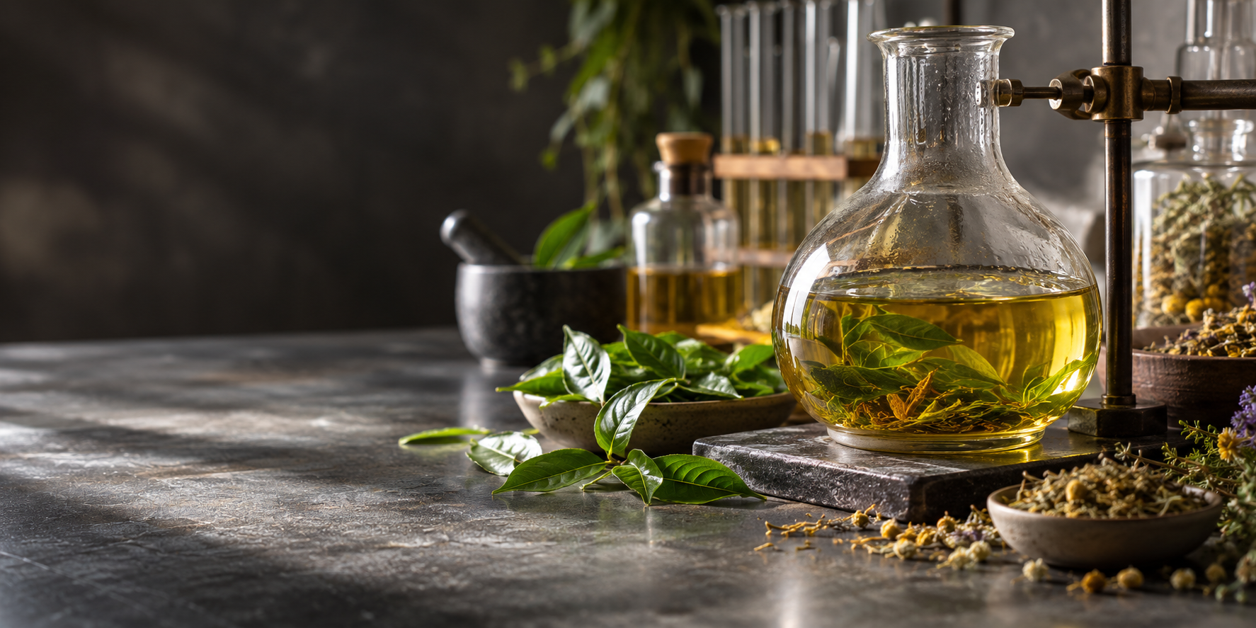 Fresh tea leaves, dried herbs and a clear glass botanical extraction vessel with warm green-gold liquid on a real extraction laboratory bench